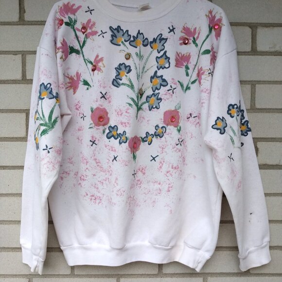 Vintage Hand Painted Bejeweled Sweatshirt White Pink Floral 44" Bust - Picture 2 of 11